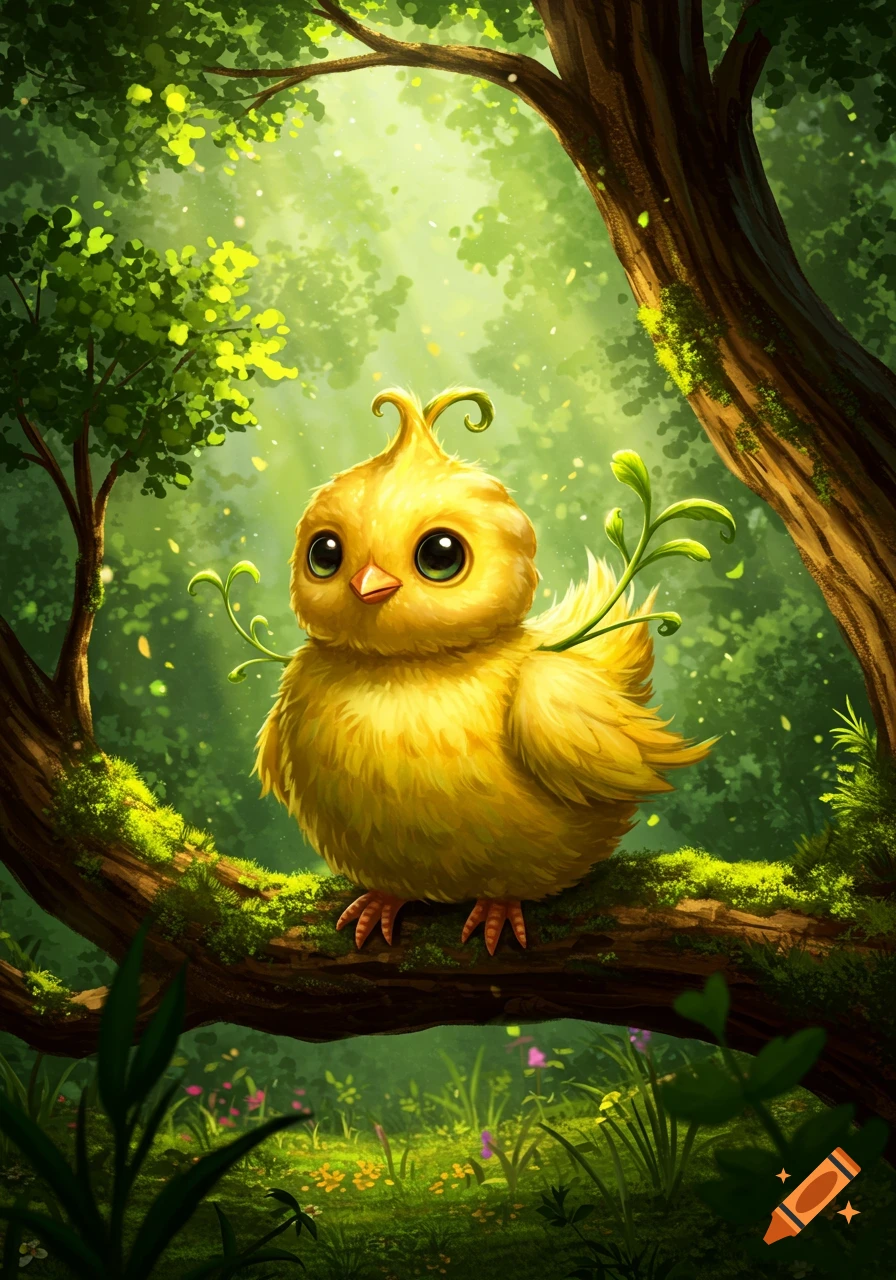 A cute, fluffy yellow chick with large eyes and a leaf sprout on its head sits on a mossy tree branch in a vibrant, sunlit fantasy forest.
