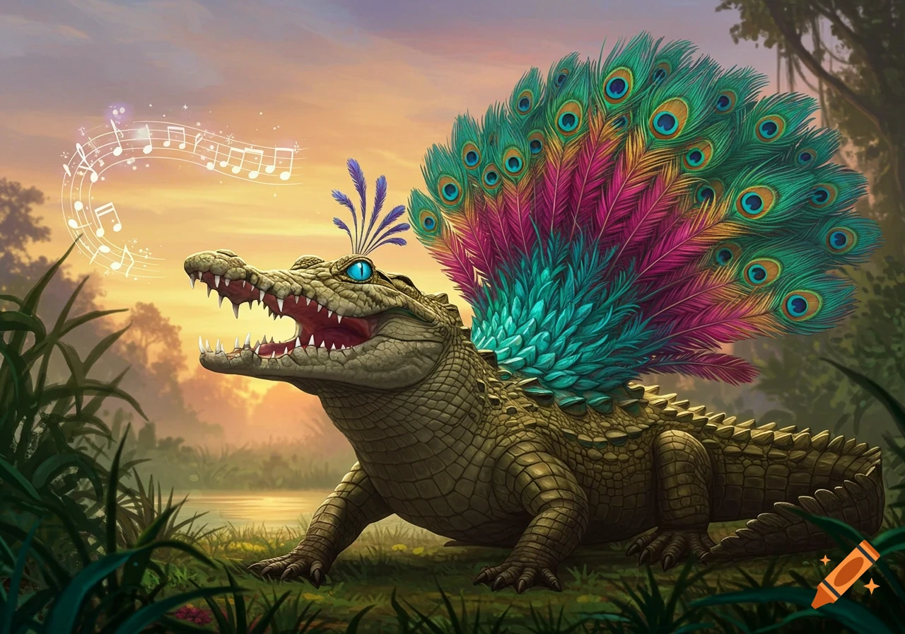 A stylized crocodile with vibrant peacock feathers and blue eyes sings, with musical notes floating from its mouth in a lush jungle at sunset.