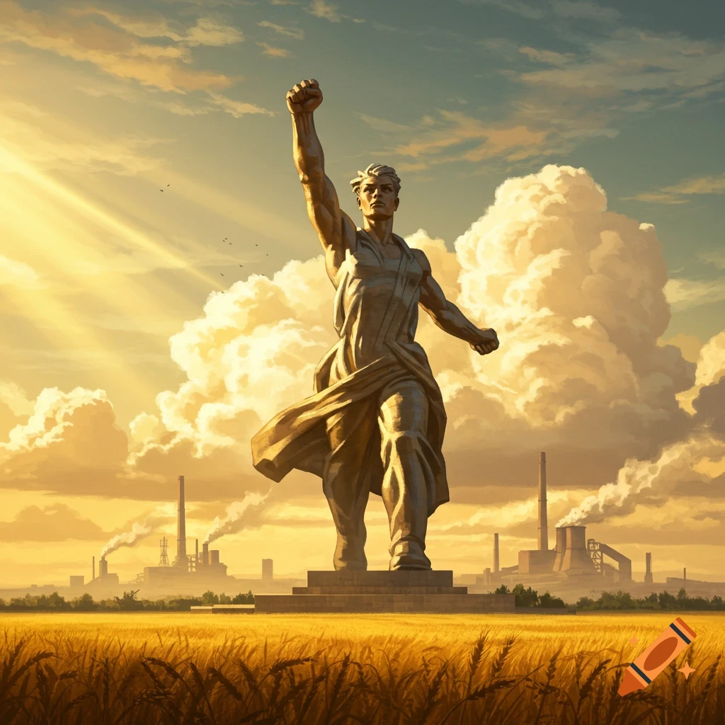 A golden-hued, heroic statue of a man with a raised fist stands in a wheat field, with factories in the background under a cloudy, sunrise sky.