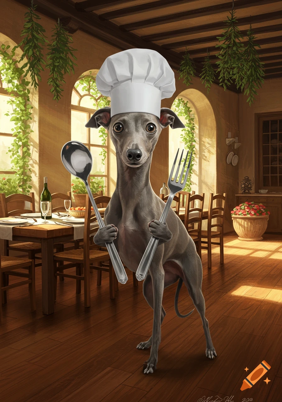 An illustrated Italian Greyhound wearing a chef's hat holds a large spoon and fork in a rustic dining room.