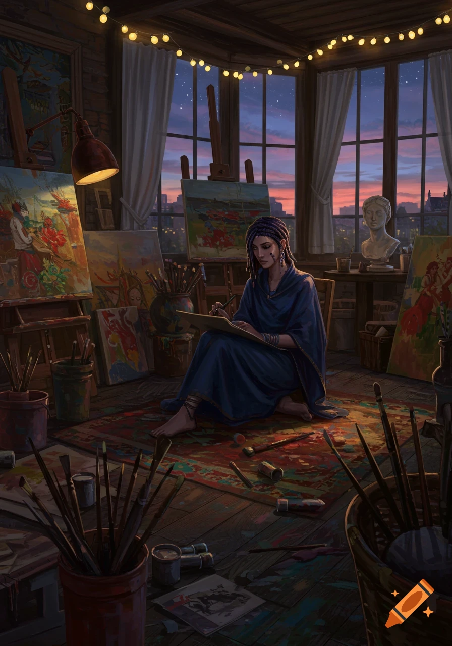 A woman with dreadlocks sits on the floor drawing in a cozy, cluttered art studio filled with paintings and art supplies at sunset.