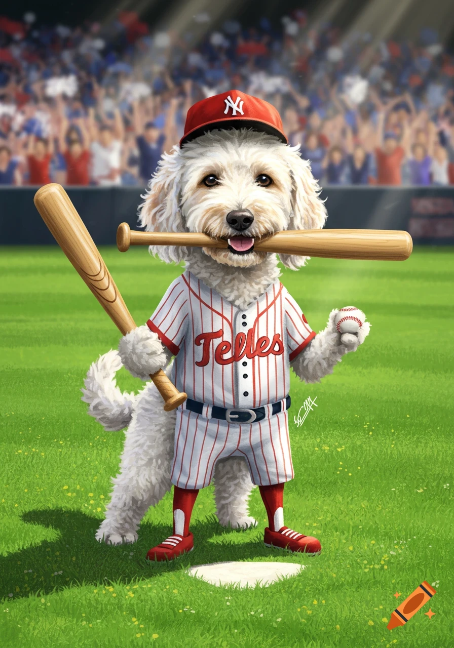 A golden doodle dog in a baseball uniform with a red Yankees cap, holding a bat and a baseball on a field.