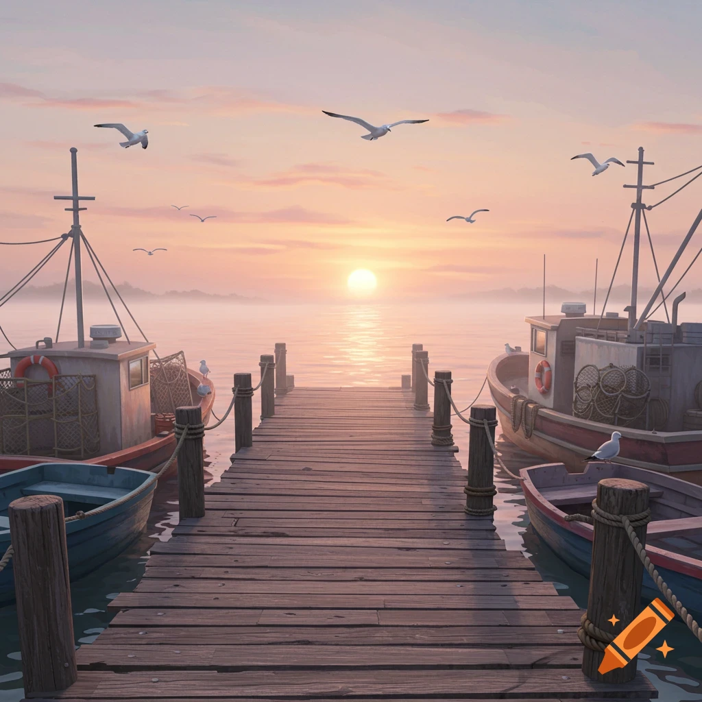 A serene sunset over a wooden dock with fishing boats moored on either side, and seagulls flying in a pastel sky.