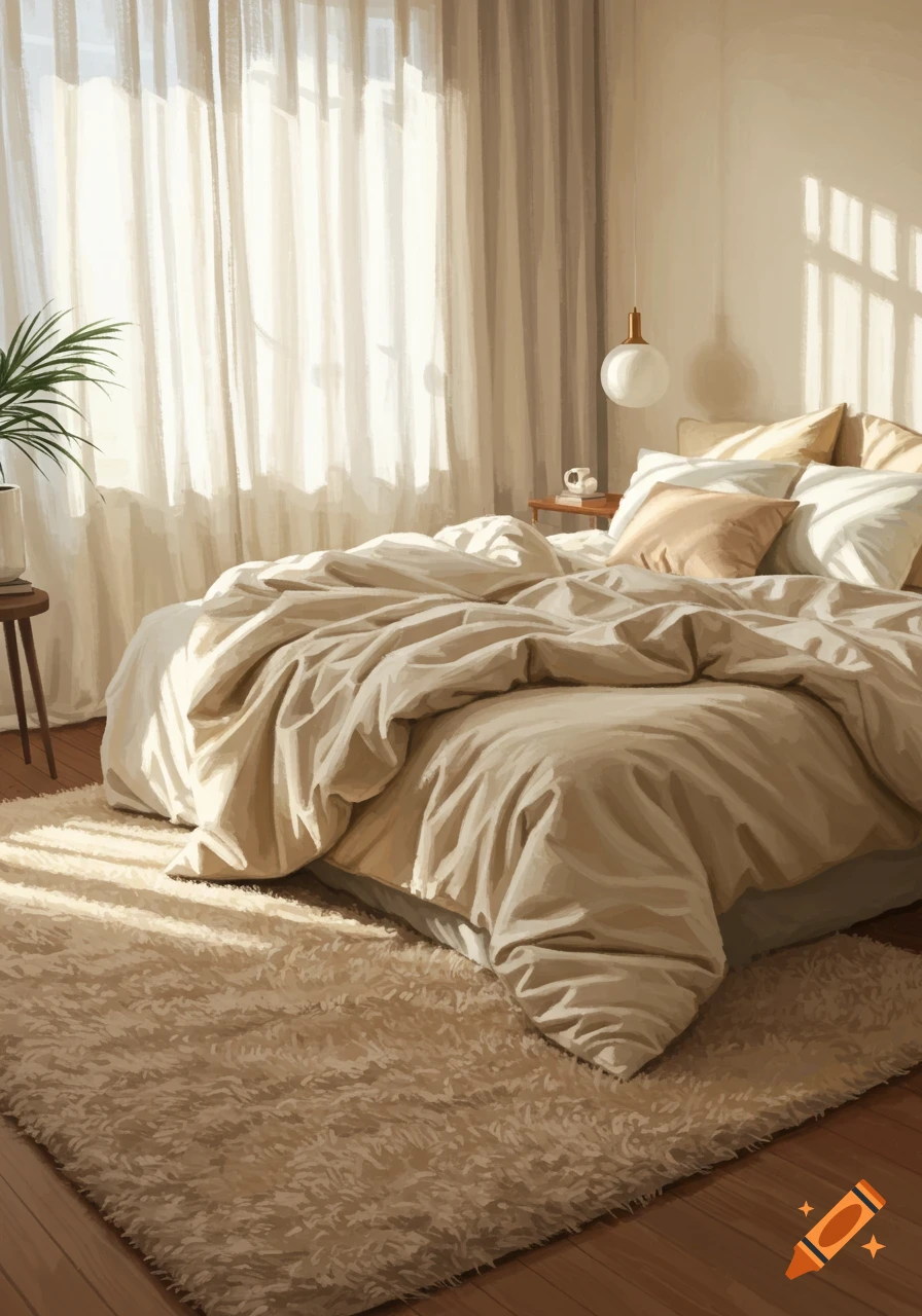 A sunlit cozy bedroom with a fluffy, unmade bed covered in light-colored bedding and a white shaggy rug on a wooden floor.