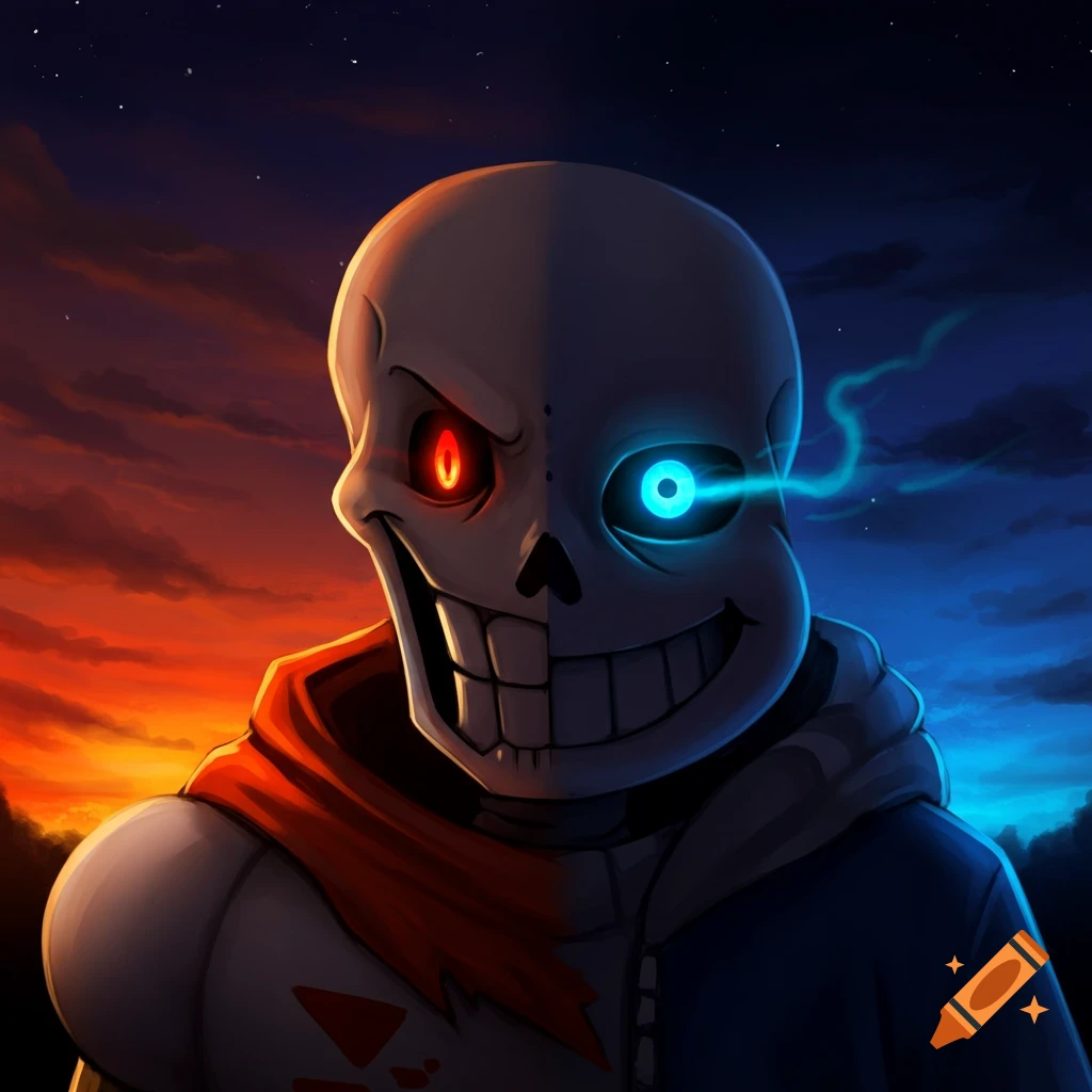 Split digital art portrait of Undertale's Papyrus (red eye, orange sky) and Sans (blue eye, dark blue sky), both smiling.