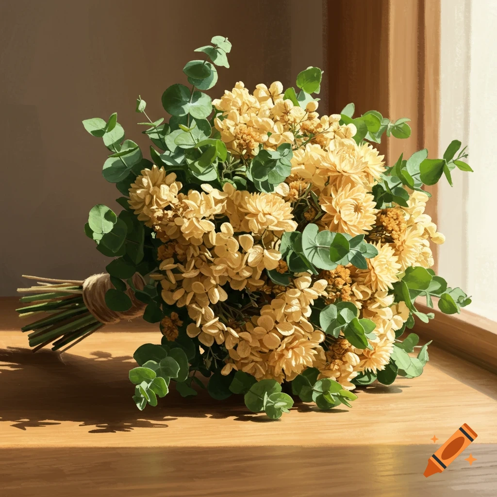 A painterly bouquet of dried yellow flowers and fresh green eucalyptus on a wooden table by a sunlit window.