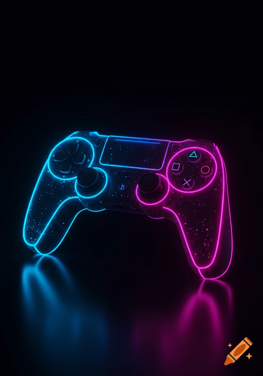 Neon blue and pink glowing video game controller on a dark background.