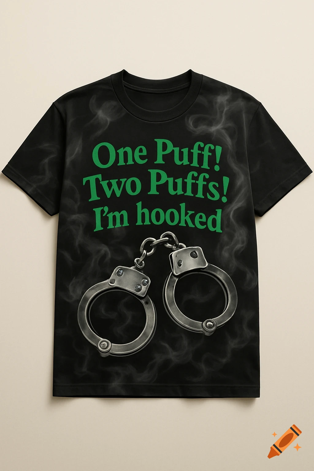 A black t-shirt featuring green text that reads "One Puff! Two Puffs! I'm hooked" above a pair of silver handcuffs, with a subtle smoke print design.