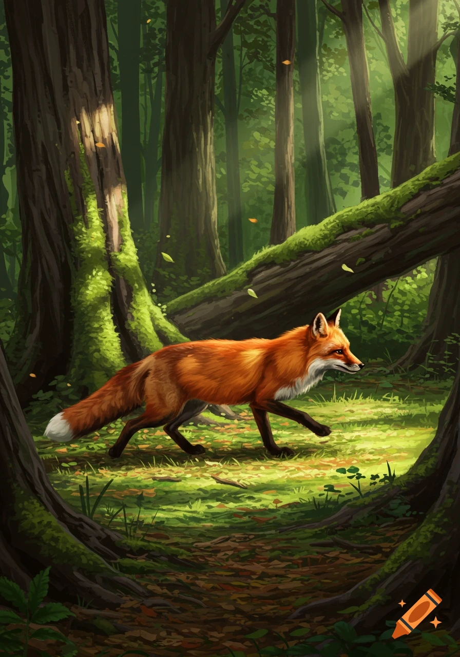 A red fox runs through a lush, sun-dappled forest.