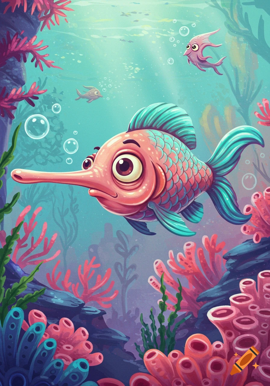Colorful cartoon of a pink fish with a long nose and turquoise fins swimming in a coral reef.