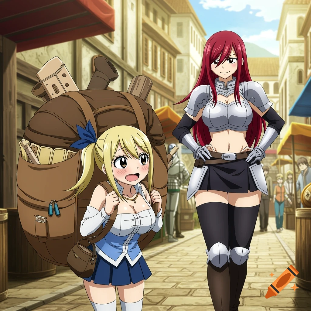 Anime depiction of Lucy from Fairy Tail struggling with a giant backpack, looking at Erza who walks confidently in armor on a busy street.