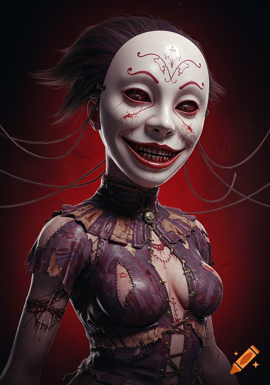 A grotesque figure with a white, cracked porcelain mask, a wide grinning mouth, red eyes, and blood-like markings, wearing a tattered purple and brown costume against a red background.
