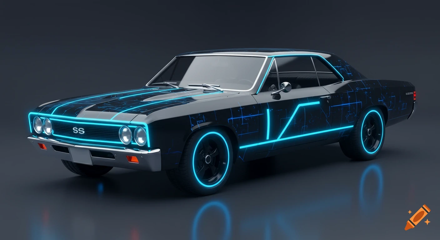 Black classic car with blue neon Tron-style lines and glowing wheels on a dark background, 3D render.