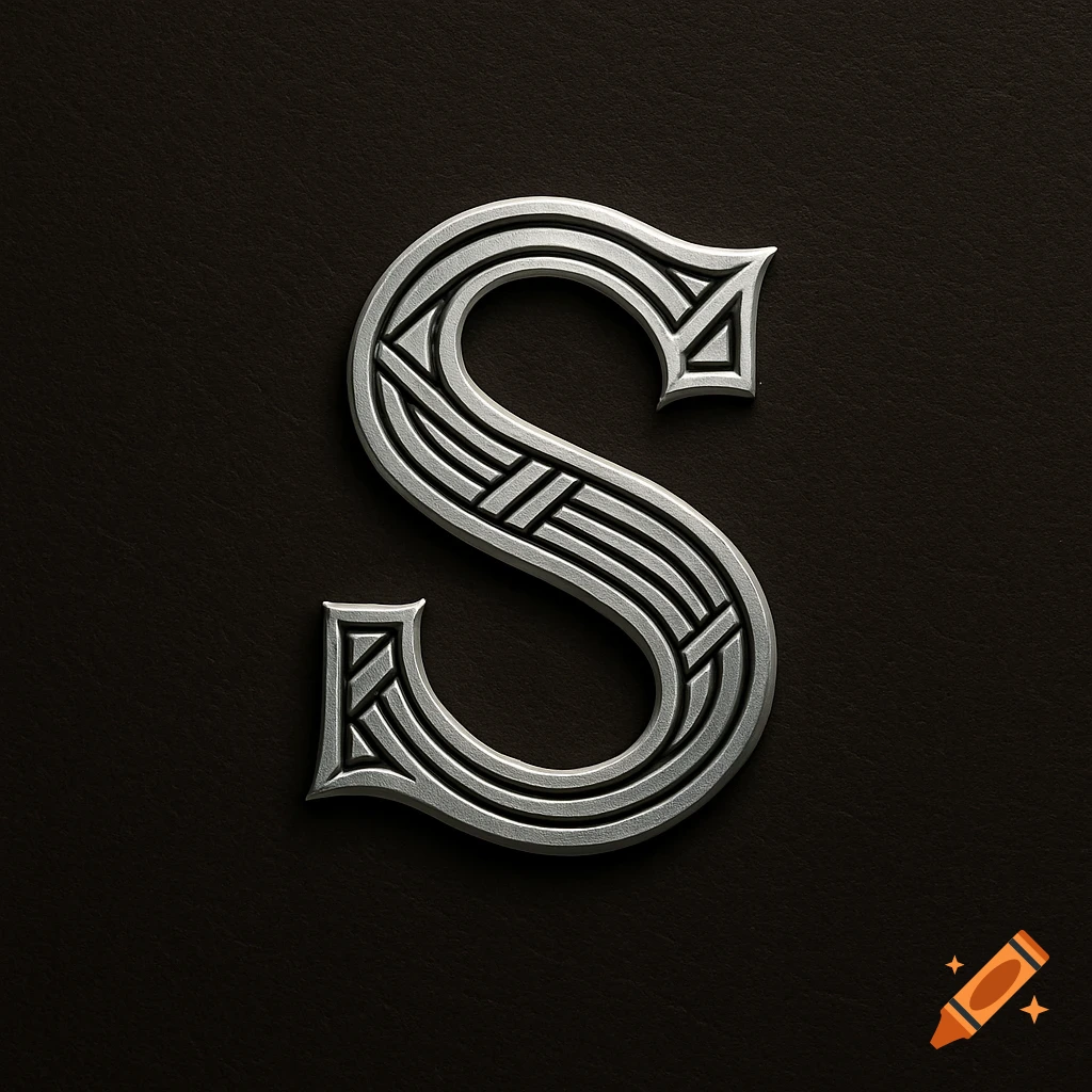 A highly detailed, ornate silver letter S with intricate knot patterns on a dark textured background.