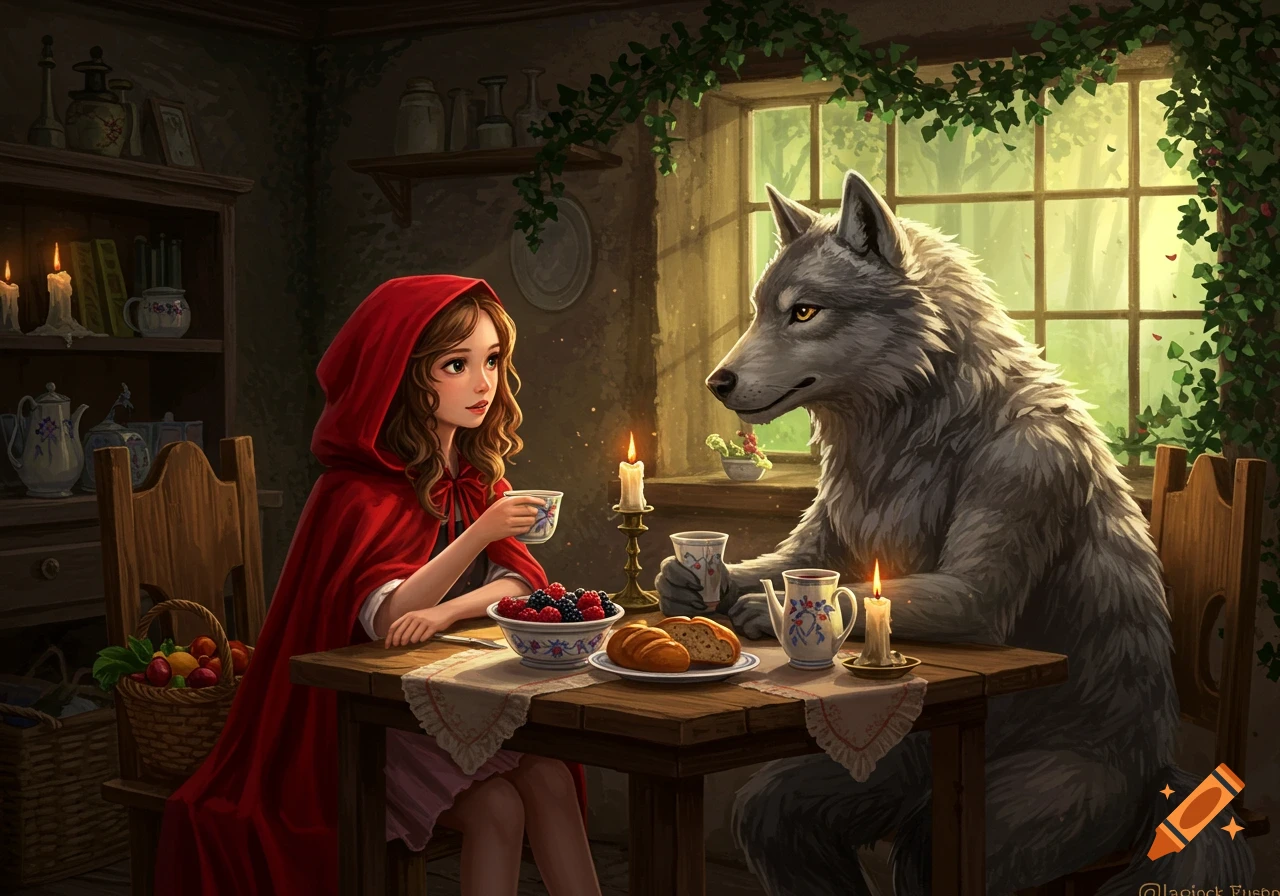 Little Red Riding Hood and a wolf sit at a wooden table, having a meal with berries and bread in a cozy cottage.