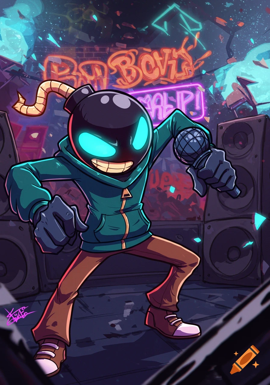 A cartoon character with a bomb head, glowing blue eyes, and wearing a teal hoodie, holds a microphone on an urban stage with neon signs and graffiti.