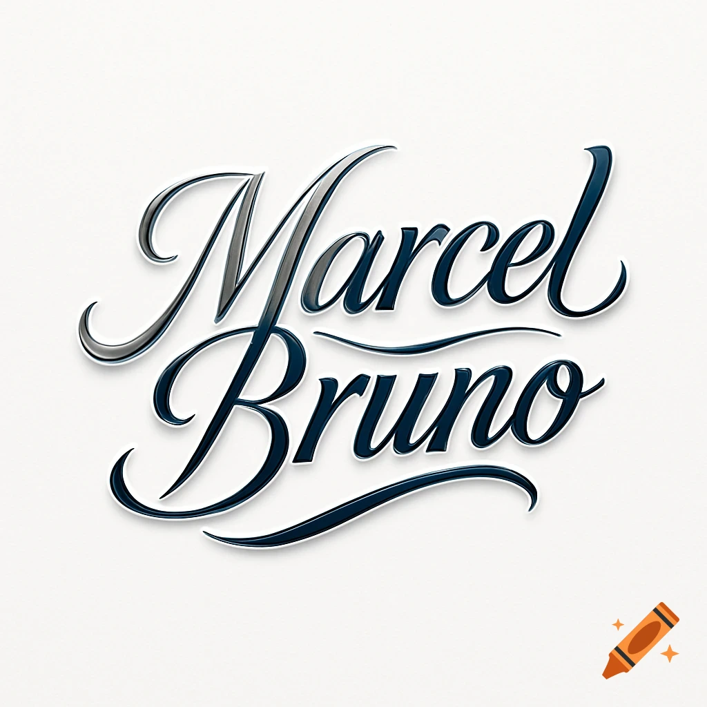 Elegant, dark blue 3D calligraphic text spelling 'Marcel Bruno' with a white outline and shadow on a subtle textured white background.