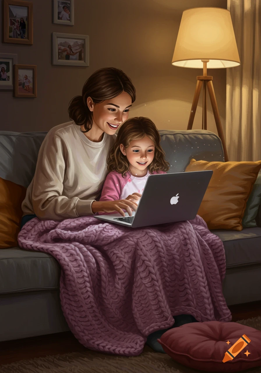 A smiling mother and daughter sitting on a sofa under a purple blanket, looking at a laptop, in a cozy digital illustration.