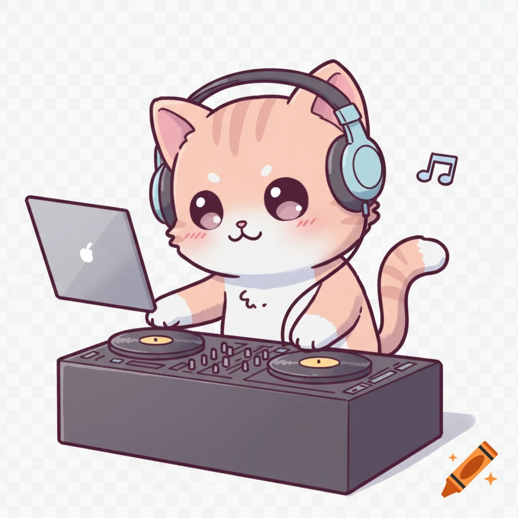 A cute chibi cat wearing headphones works on a laptop and a DJ mixer in a clean vector art style.