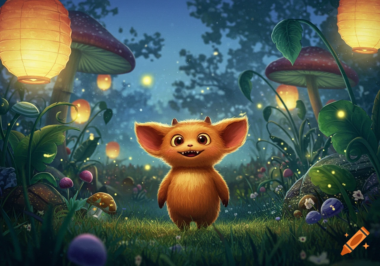 A cute, orange, furry creature stands smiling in a magical forest at night, surrounded by glowing mushrooms and lanterns.