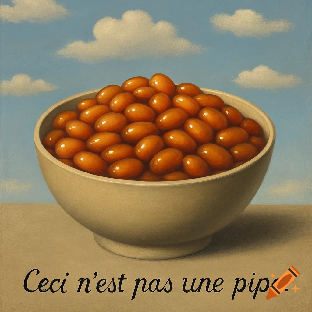 A surrealist Magritte-style painting shows a bowl of baked beans under a cloudy sky. Text below reads 'Ceci n'est pas une pipe.'