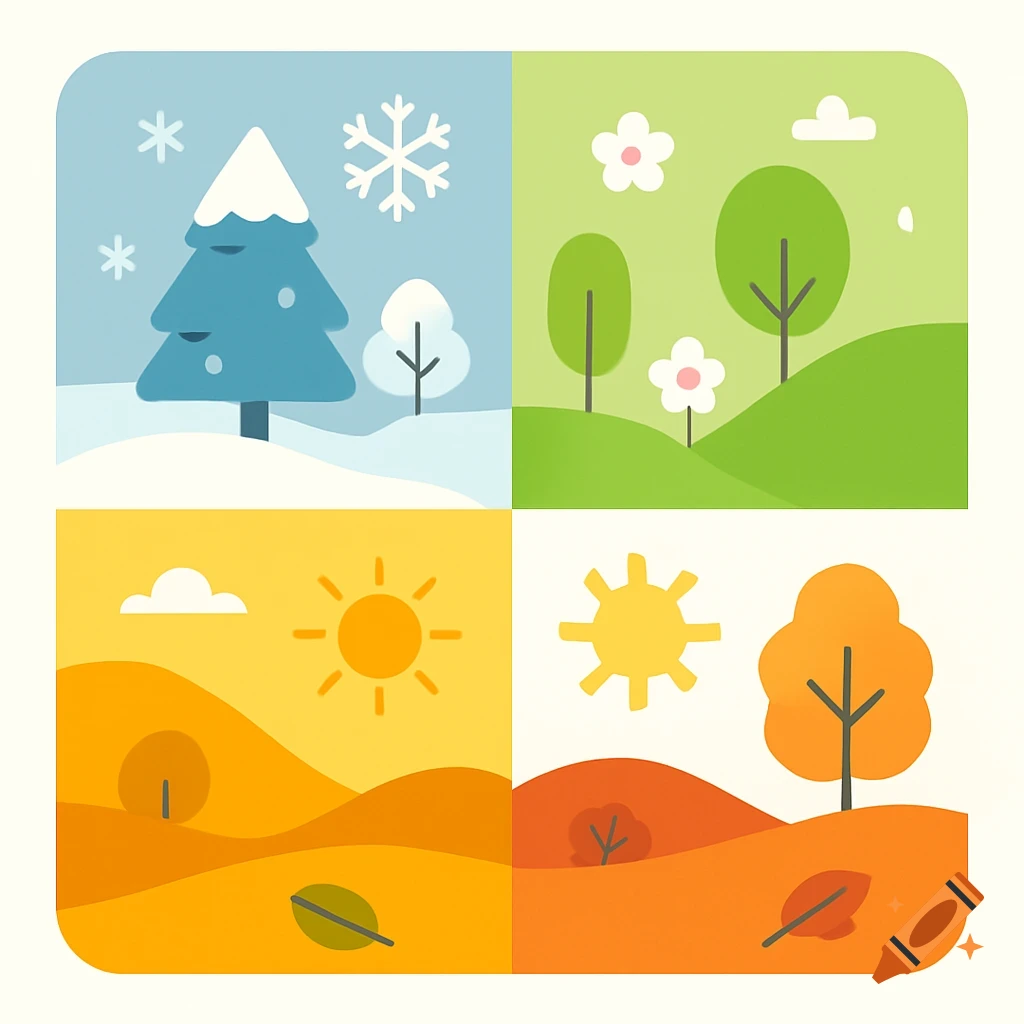 A four-panel illustration depicting the four seasons: winter, spring, summer, and autumn, with distinct color palettes.
