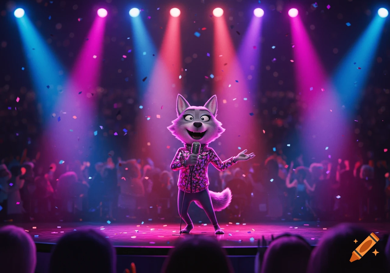 A gray wolf cartoon character (Porsha Crystal) sings on a stage under colorful spotlights and falling confetti.