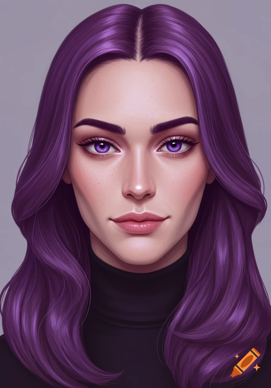 A close-up digital painting of a woman with long wavy purple hair, striking violet eyes, and fair skin, wearing a black turtleneck.