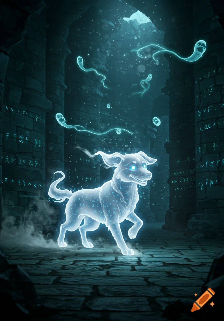 A glowing ghostly dog with blue eyes tracks spirits in a dark, ancient stone labyrinth with carved runes, computer animated fantasy art.