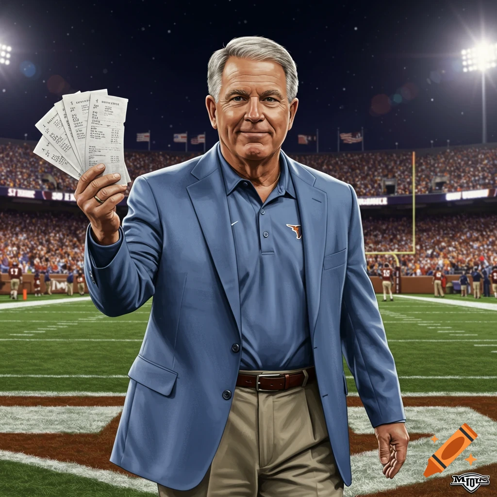 A photorealistic image of a man resembling Mack Brown in a blue suit and khaki pants, holding receipts on a football field at night.