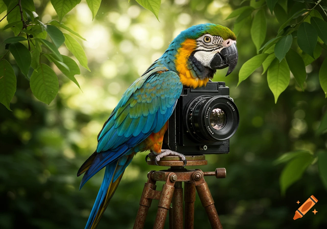A vibrant blue and yellow macaw parrot perched on a rustic tripod, looking through the lens of a vintage camera in a lush green jungle.
