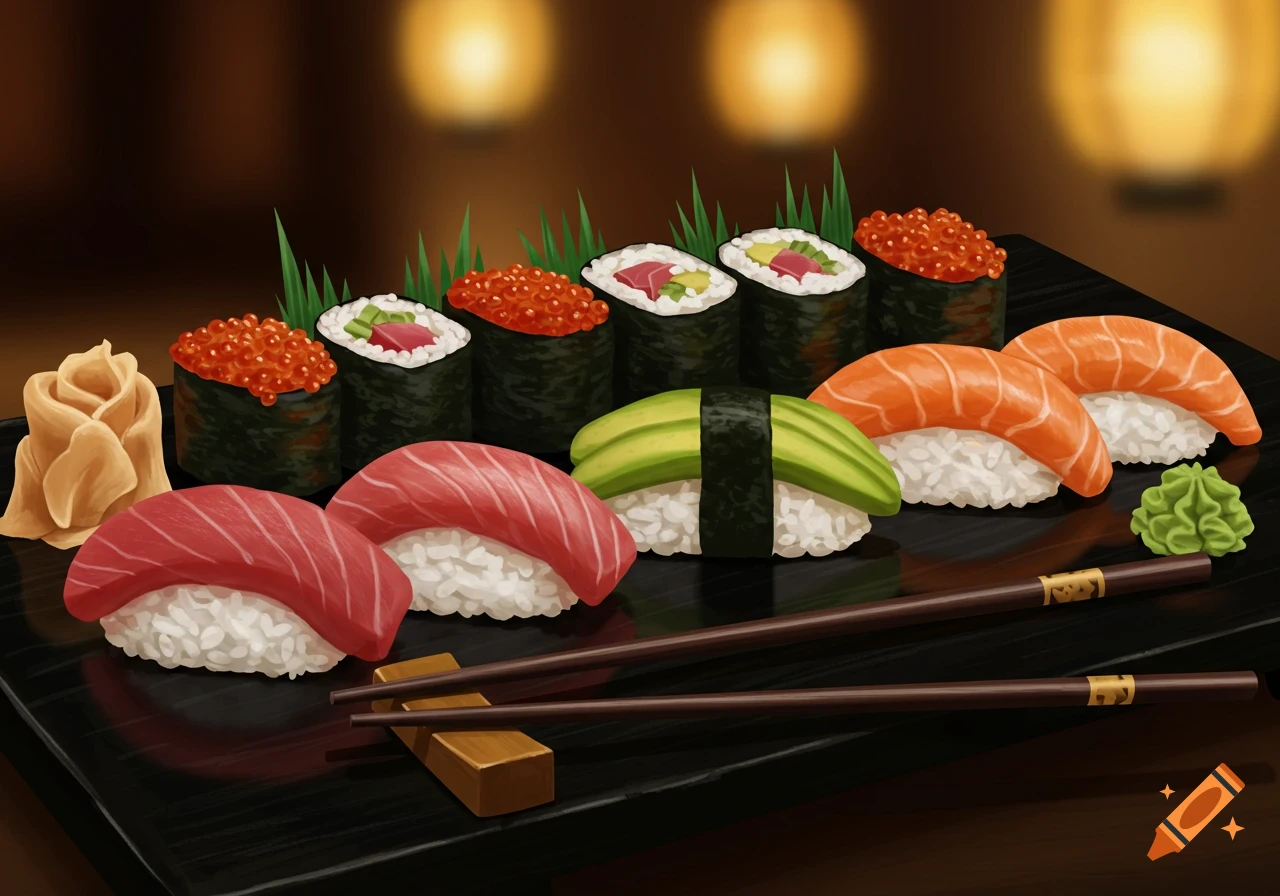 Digital illustration of a black platter of assorted sushi, featuring tuna, salmon, avocado, and roe, with ginger and wasabi.