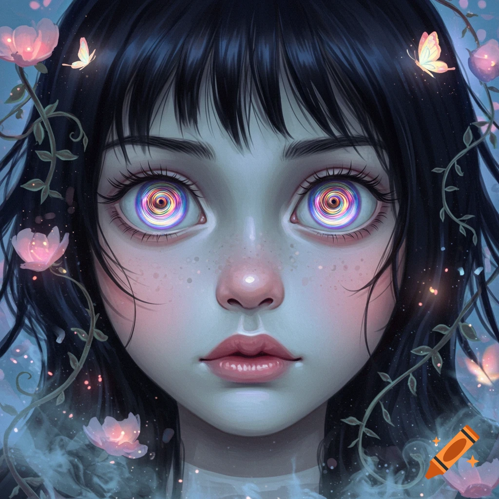 Close-up illustration of a girl with dark hair and large, colorful hypnotic swirl eyes, surrounded by glowing pink flowers and butterflies.
