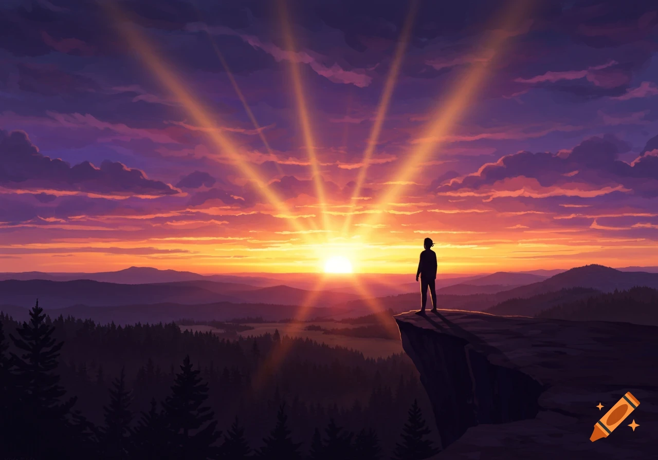 A person stands on a cliff overlooking a vast forest and mountains at a vibrant sunset, stylized illustration.