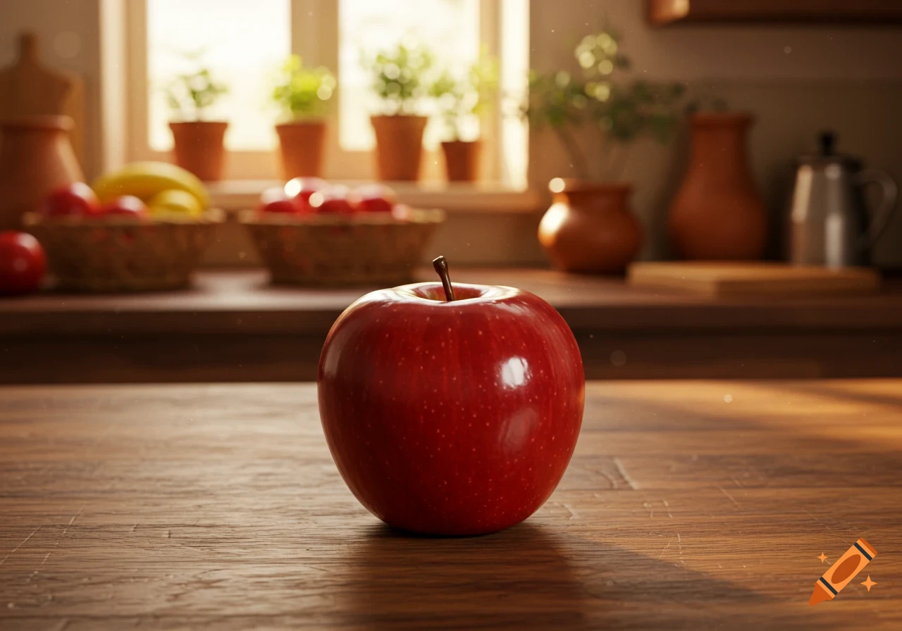 A single red apple sits on a wooden kitchen counter, with baskets of fruit and potted plants in a sunlit background.