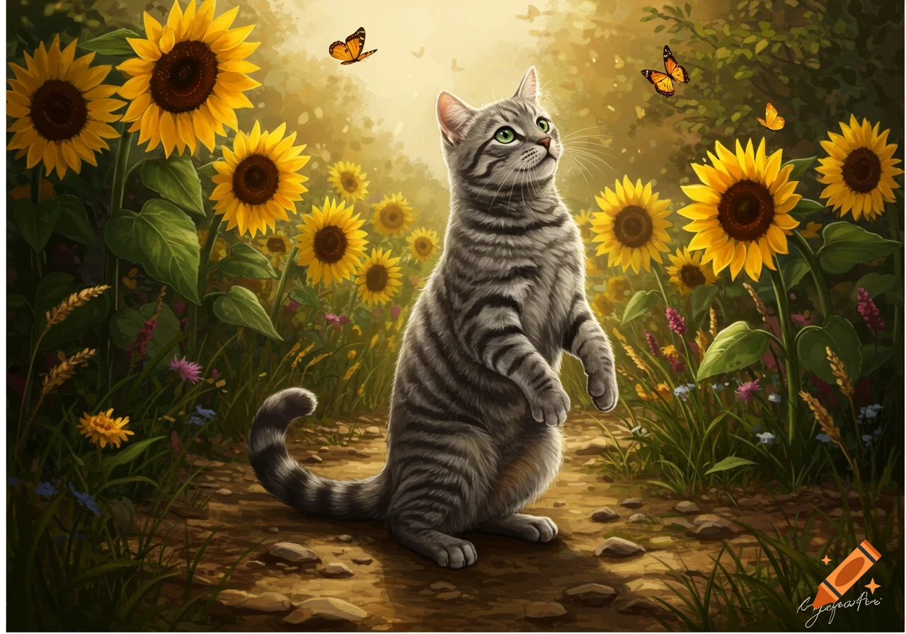 A grey tabby cat stands on its hind legs, looking up at butterflies in a vibrant field of sunflowers.