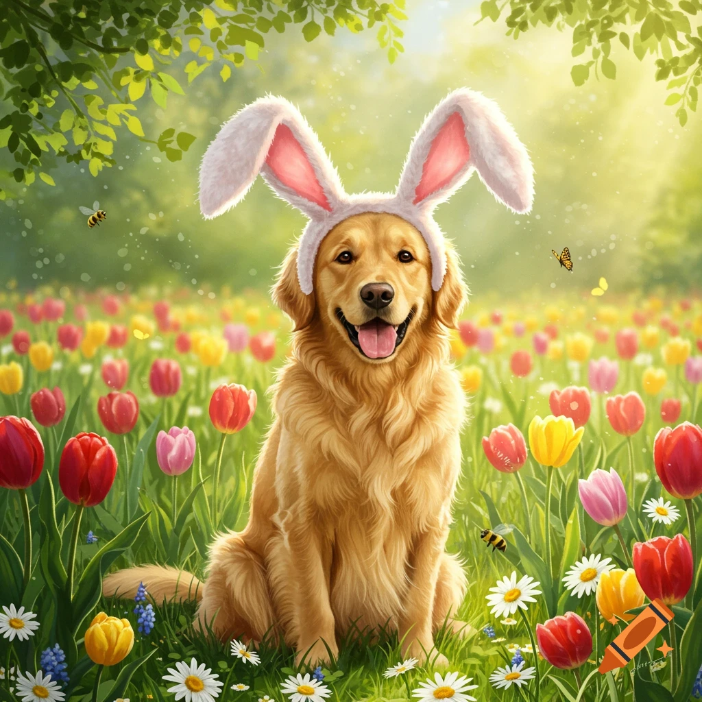 A happy golden retriever wearing white bunny ears sits in a field of colorful tulips and wildflowers under a sunny sky.