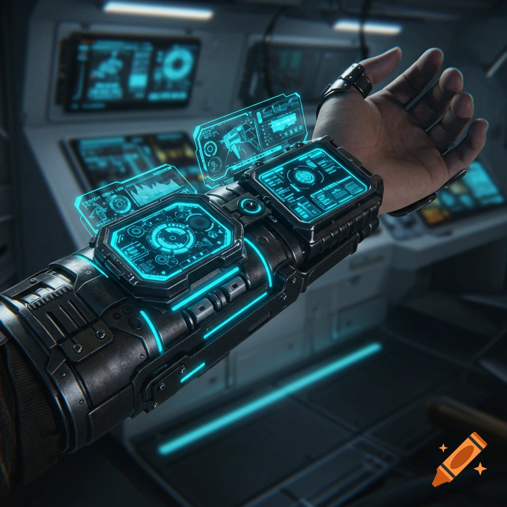 Close-up of a hand wearing an advanced futuristic sci-fi wrist gadget with glowing blue holographic screens and complex interfaces, in a spaceship interior.