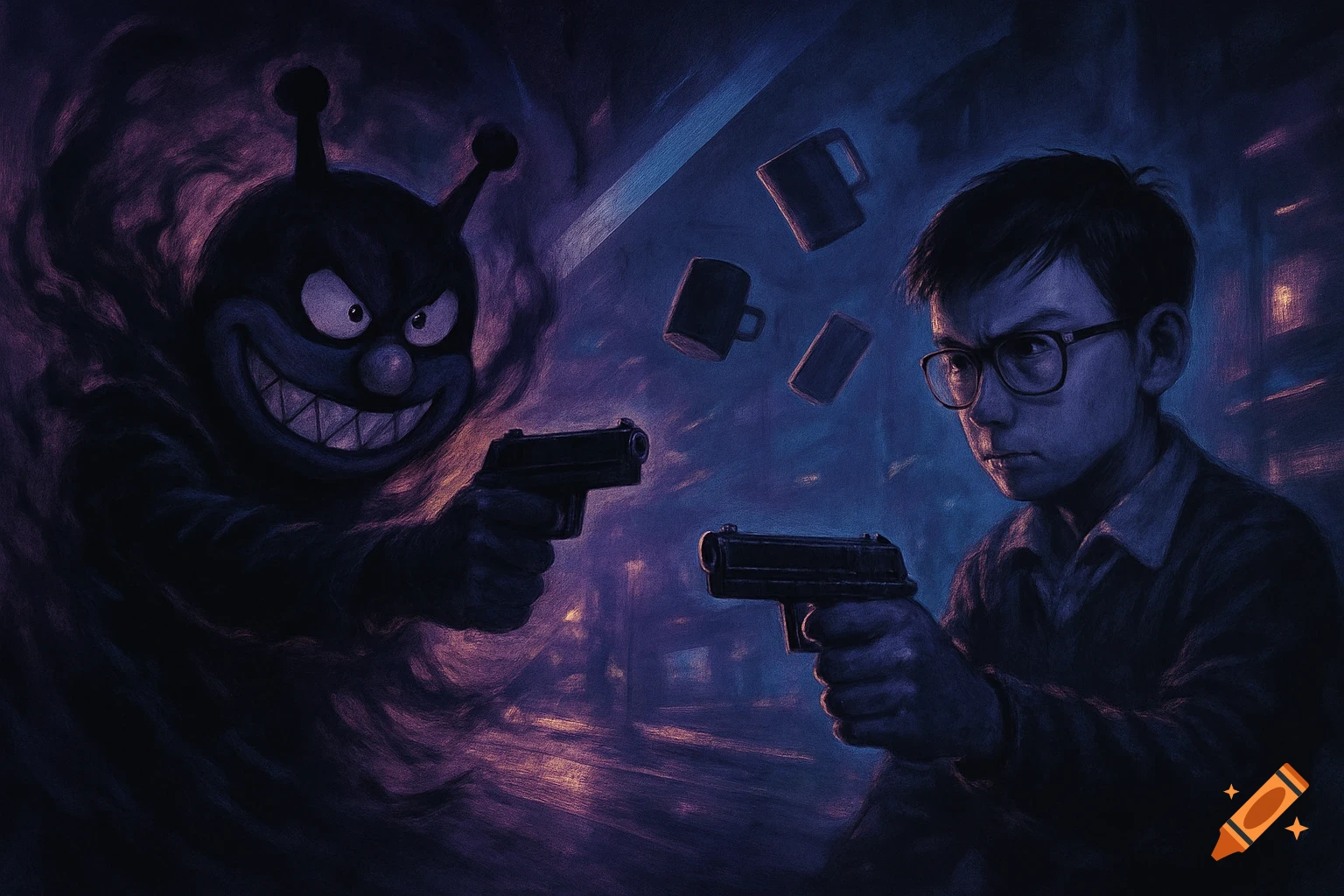 Dark digital painting of menacing cartoon villain Baikinman and boy Nobita, both holding guns in a tense standoff, levitating objects.