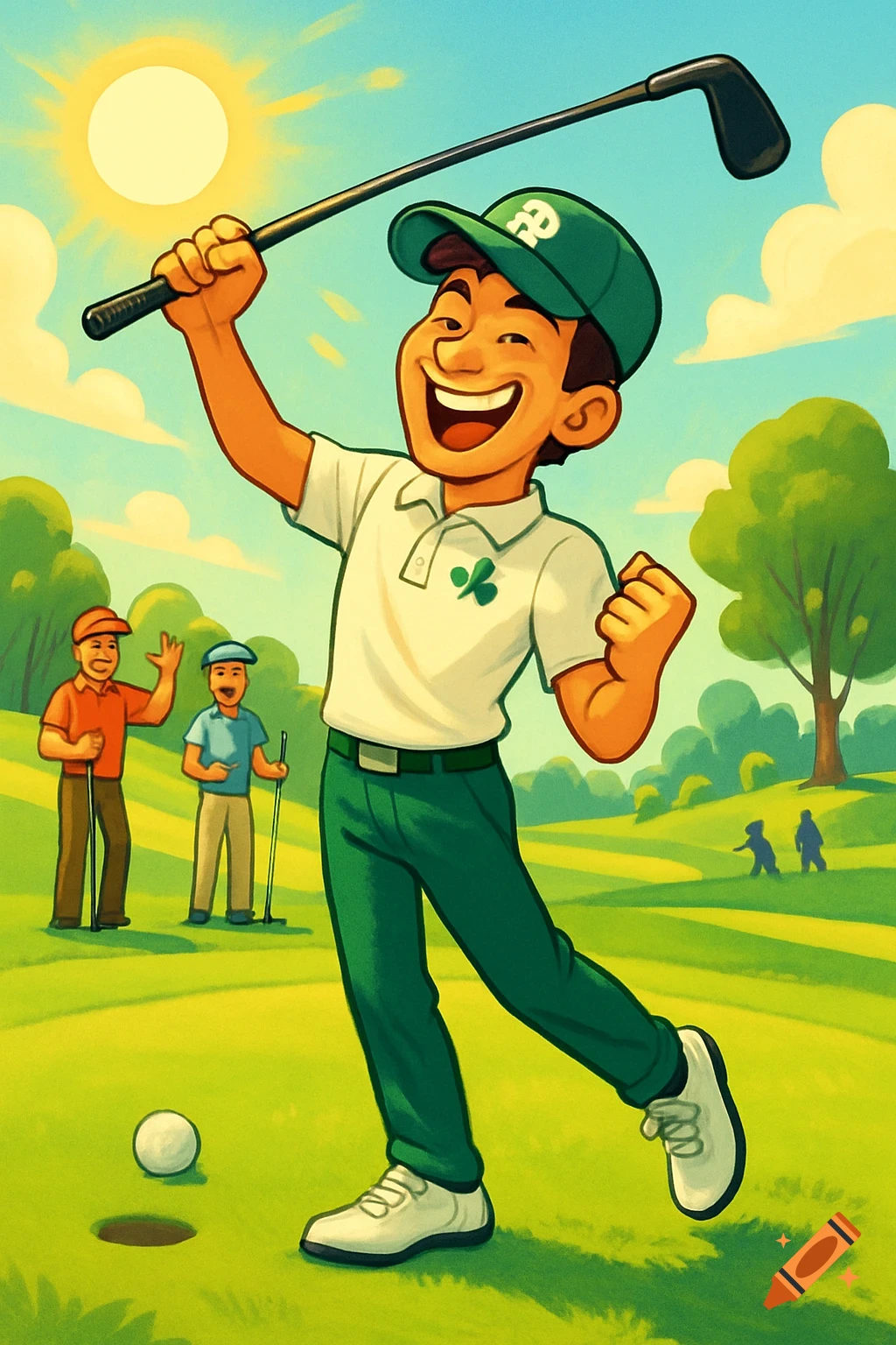Cartoon man in a green cap and pants, and a white polo with a shamrock logo, celebrates on a golf course after an awesome drive. Other golfers are in the background. The art style is bright and cheerful.