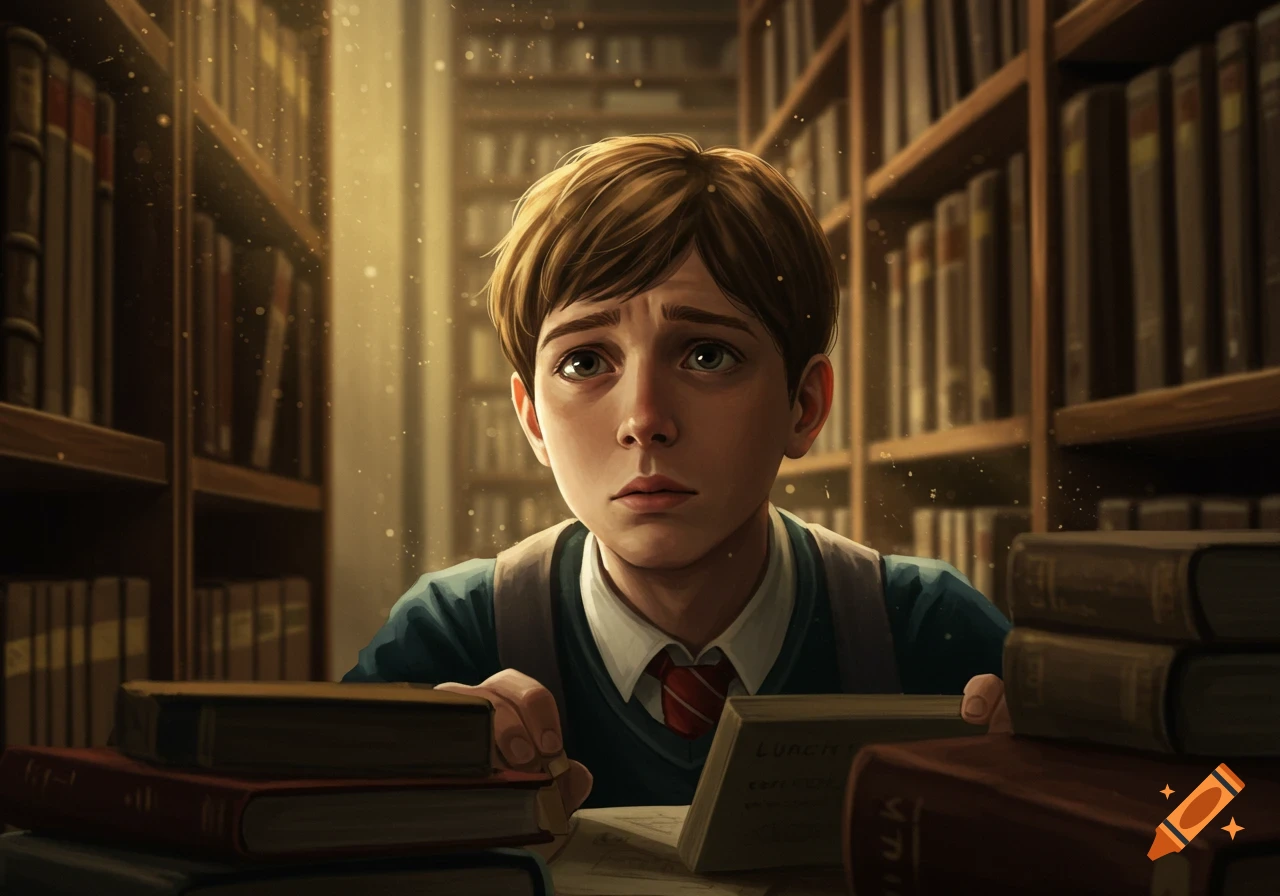 A worried young student with brown hair in a uniform looking at an open book in a warm, softly lit library.