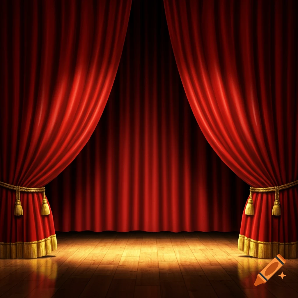 Red velvet theater curtains pulled back to reveal a wooden stage with dramatic lighting.