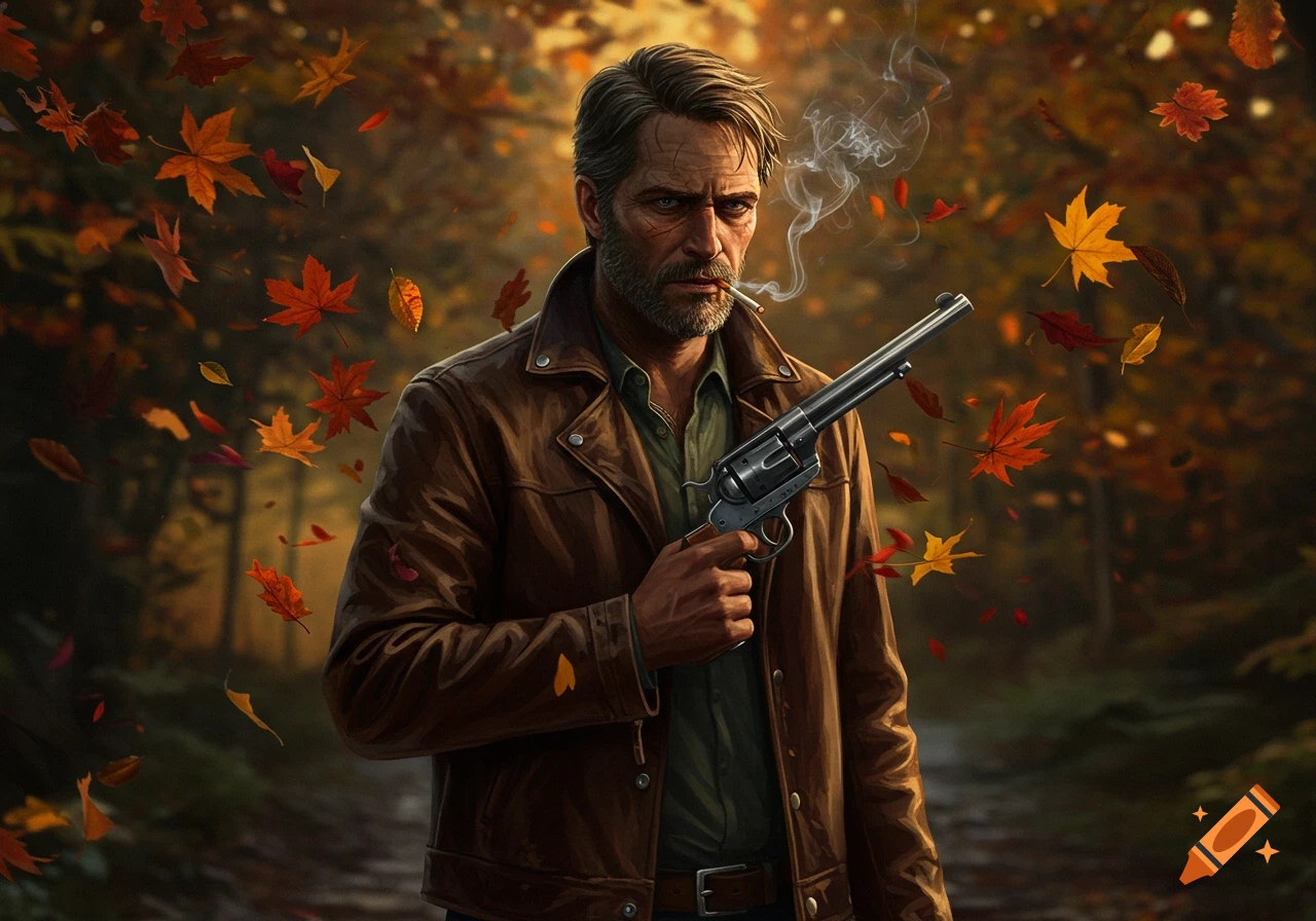 A rugged man with a beard smokes a cigarette and holds a revolver, surrounded by falling autumn leaves in a forest.