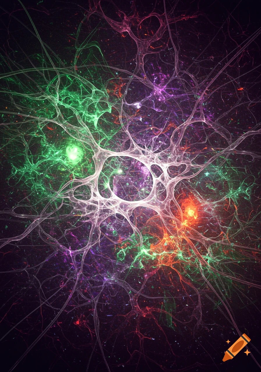 Abstract digital art depicting glowing, interconnected green, purple, white, and orange lines resembling neurons or a cosmic nebula on a dark background.