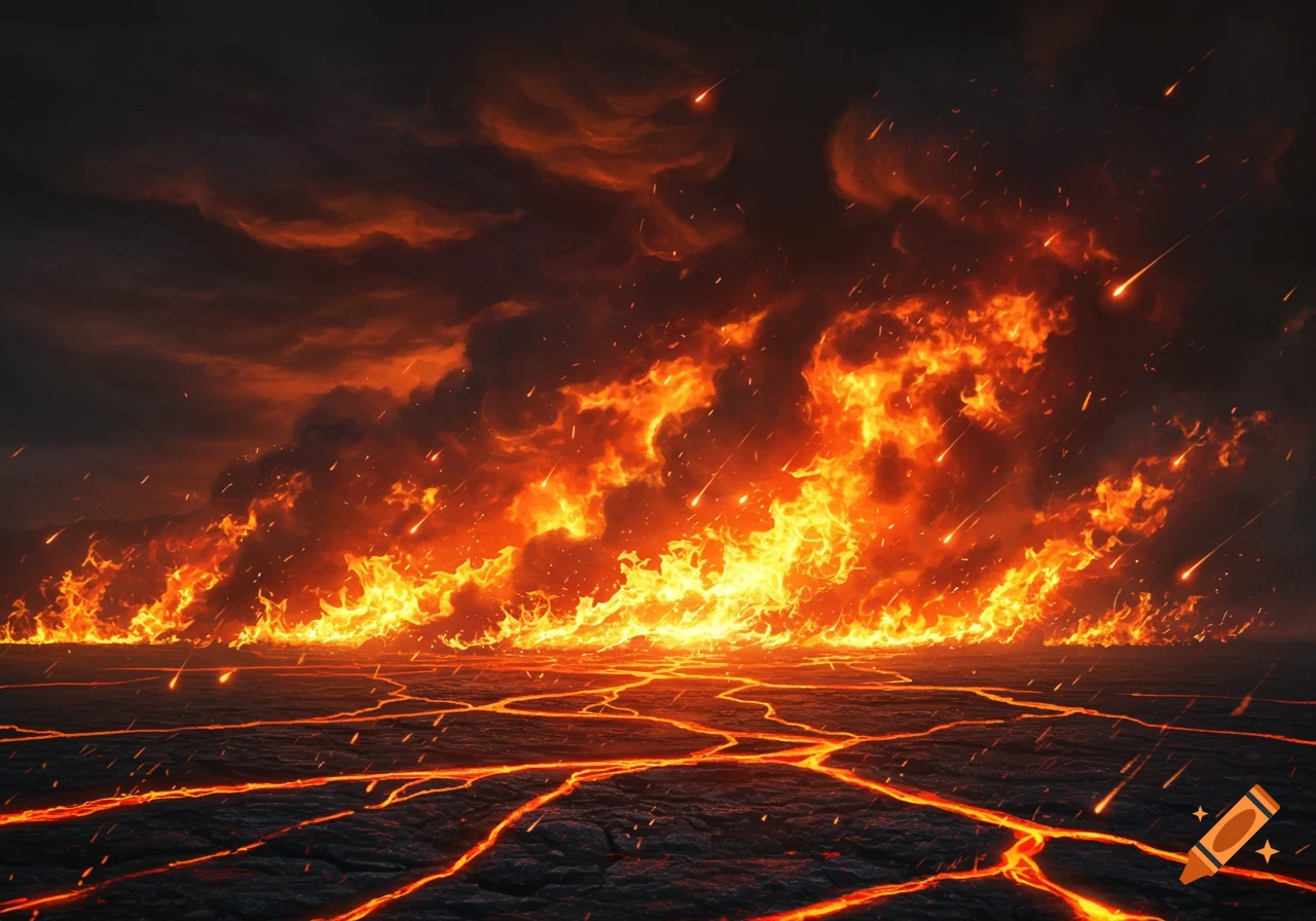 A dramatic firestorm rages across a dark landscape with glowing lava fissures and meteorites falling from a smoky sky.