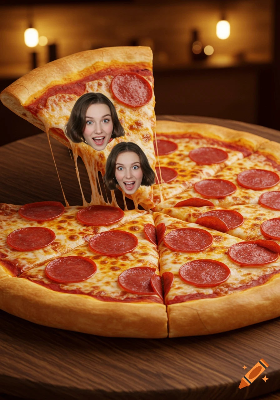 A photorealistic pepperoni pizza with two surprised female faces embedded on a lifted slice, with melted cheese.