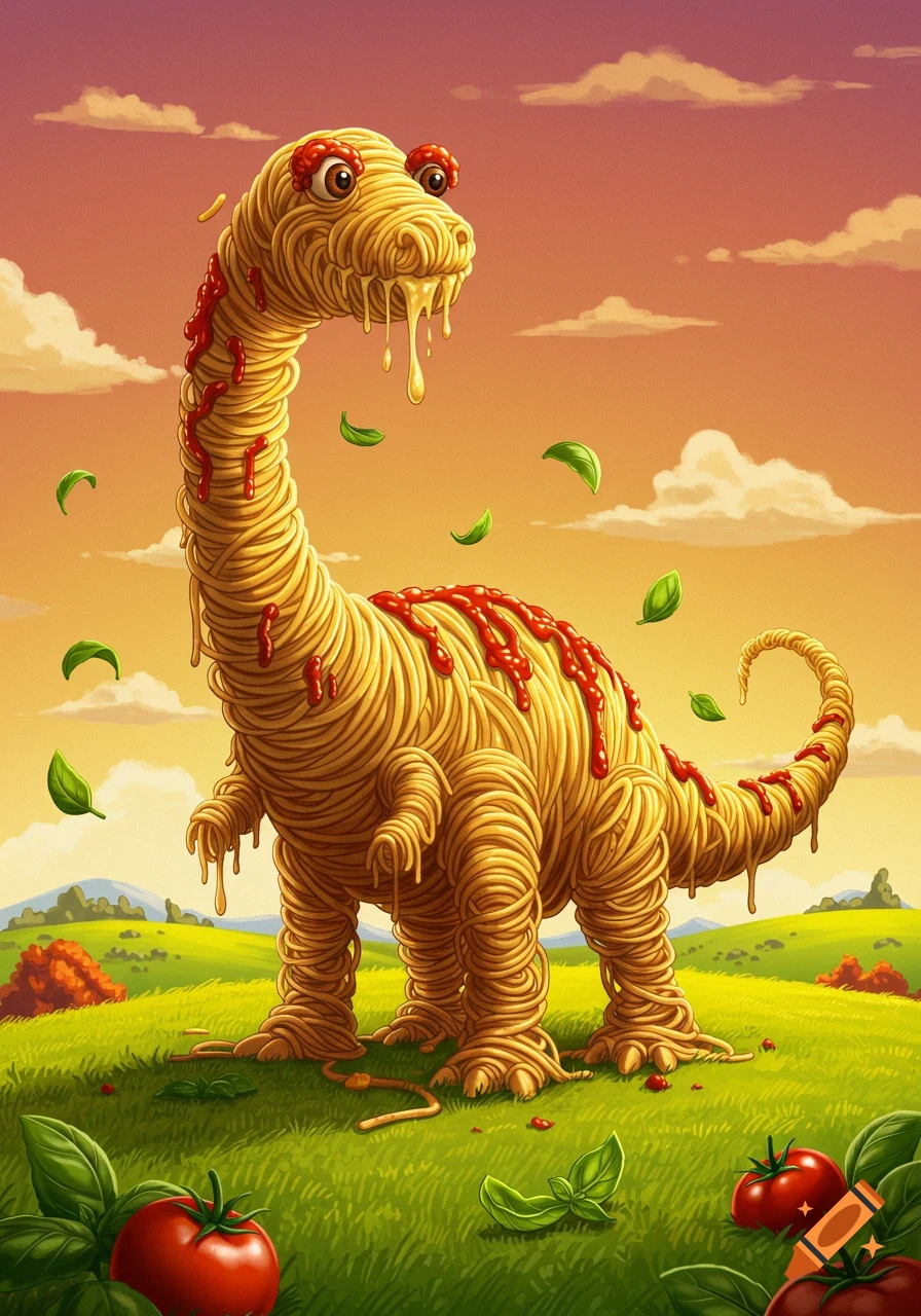 Whimsical illustration of a spaghetti dinosaur with tomato sauce and meatballs, in a green field with tomatoes and basil under a sunset sky.