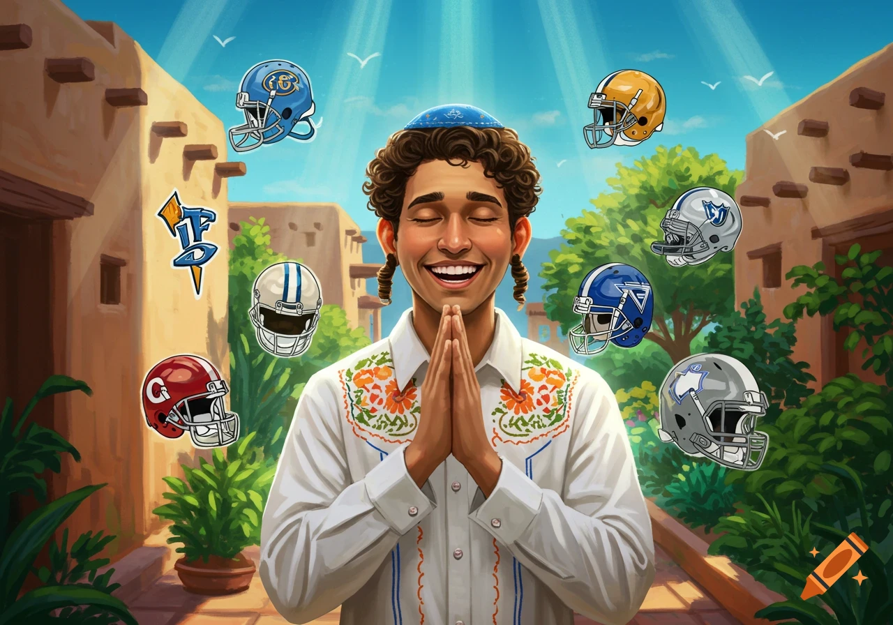 A young Jewish man with a yarmulke and peyos prays with clasped hands, surrounded by floating football helmets in an outdoor setting.