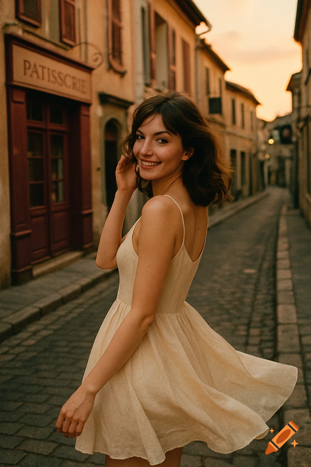 A young woman in a milky dress smiles, turning over her shoulder on a charming French cobblestone street at sunset, with old shop buildings in the background.