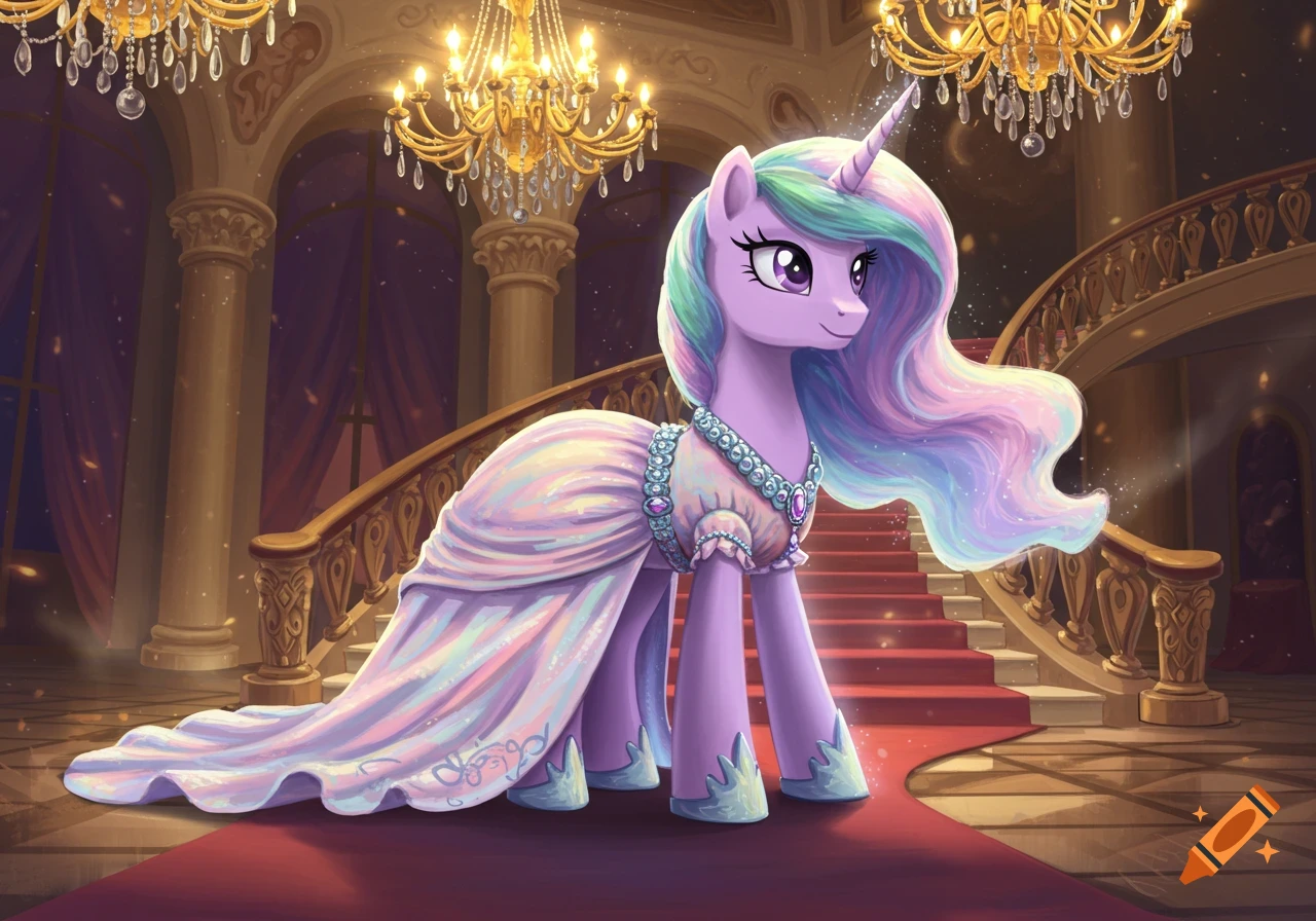 A lilac unicorn pony with a flowing pastel mane wears an elaborate jeweled gown on a red carpet in a grand, chandelier-lit ballroom.